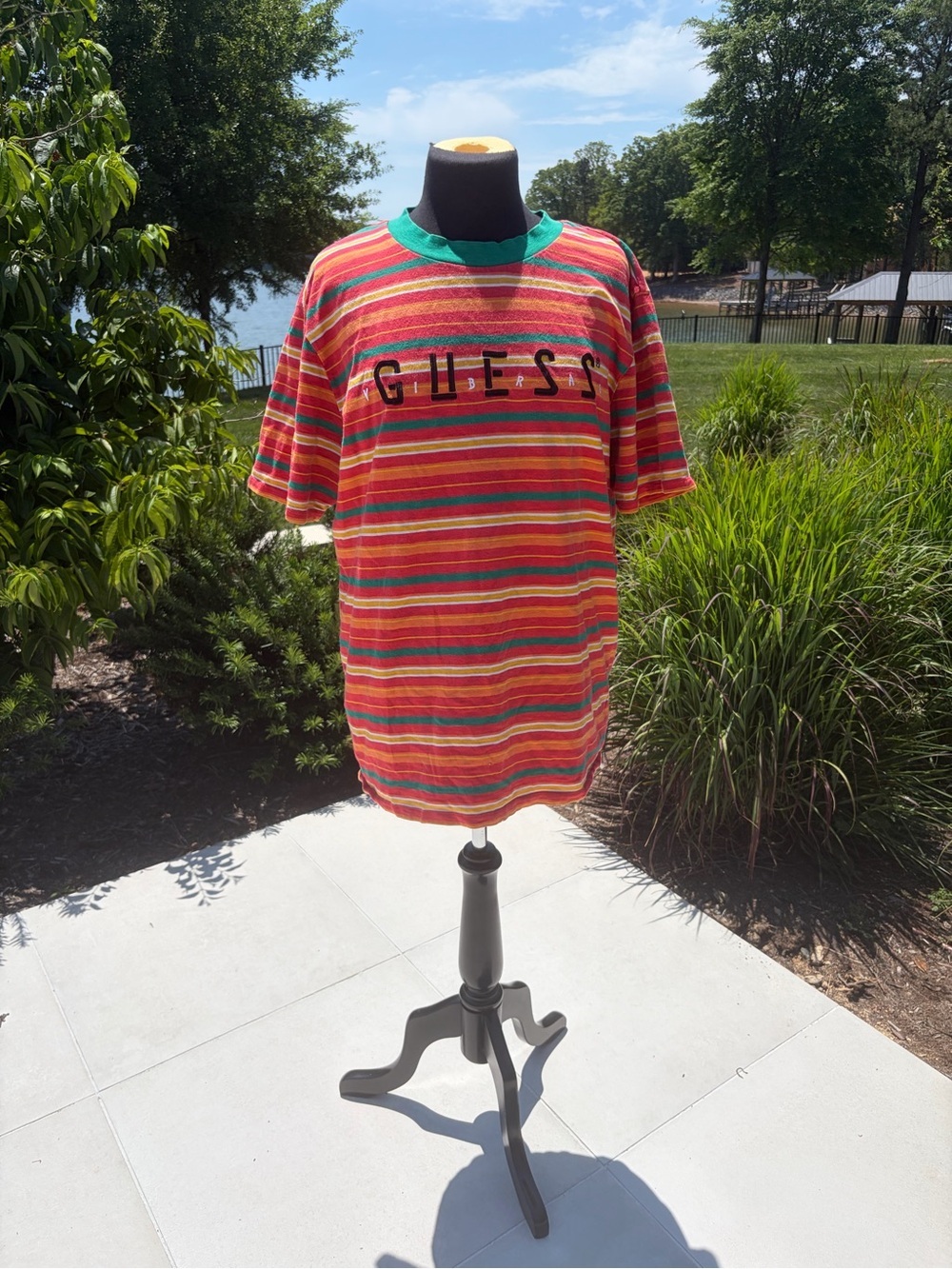 Vintage GUESS J Balvin Striped Tee Medium Colorful Retro Streetwear